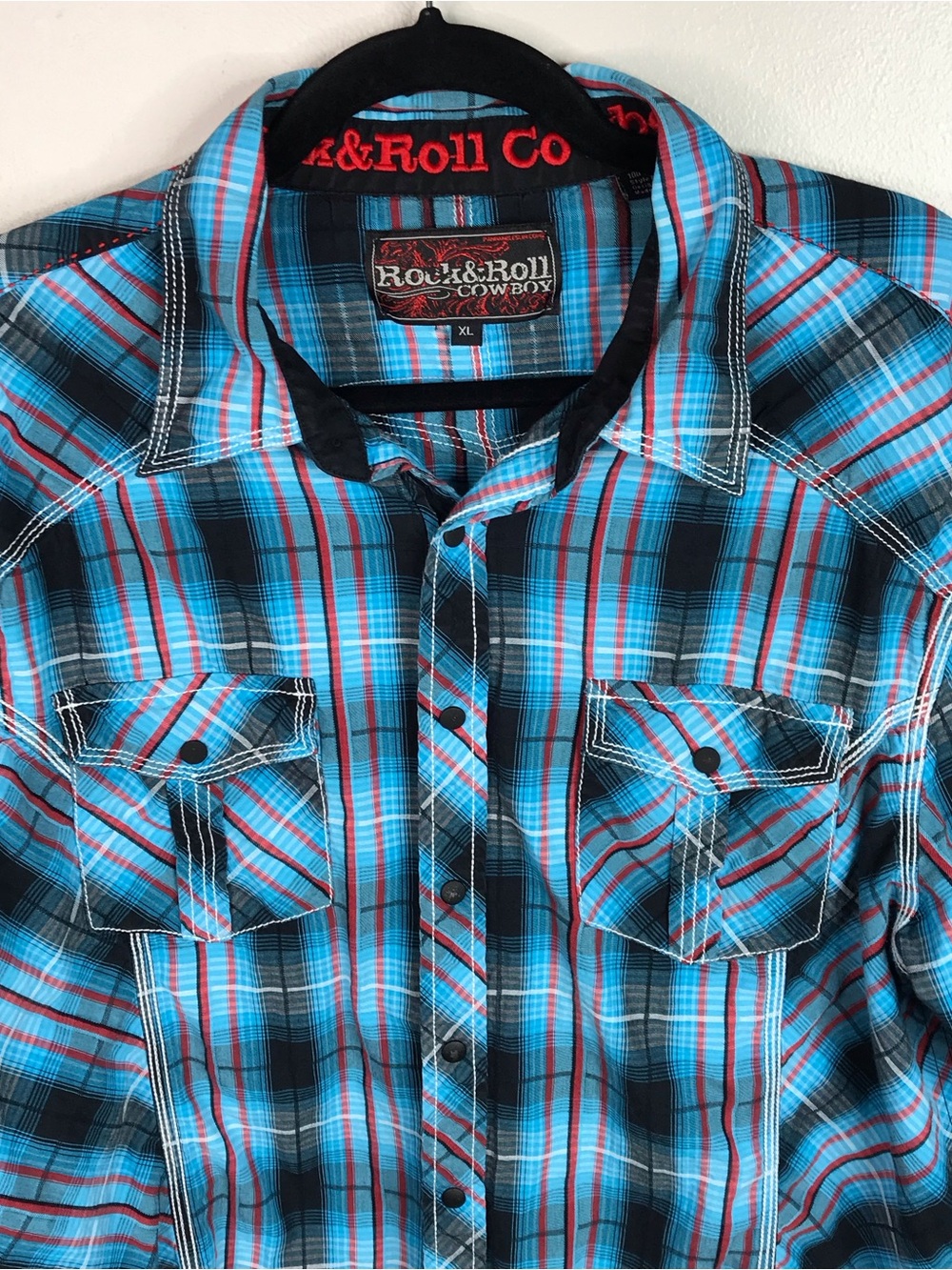 Rock & Roll Cowboy Blue Plaid Button-Down Shirt Men’s SZ XL - Picture 3 of 7